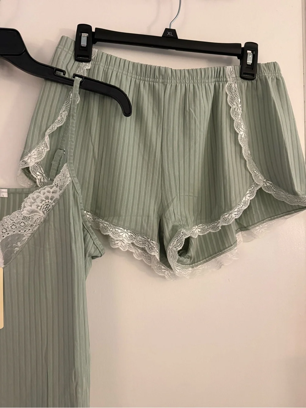 Ike & Jay Sage Green Ribbed Lace Cami & Short Sleep Set